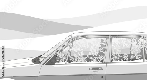 Car Windows Frosted Over With Patterns Of Ice Crystals In The Winter Season