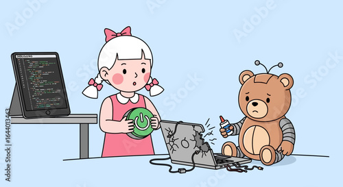 Cartoon Illustration: Little girl with power button fixing broken laptop with a robot bear