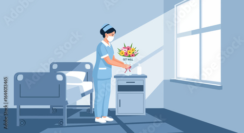 Caring for Patients: Nurse Preparing Hand Sanitizer in Hospital Room with Get Well Flowers