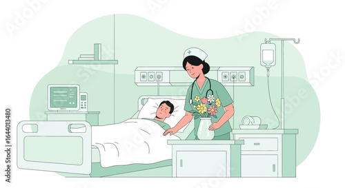 Caring nurse tending to a patient in a hospital room, bringing cheer with flowers