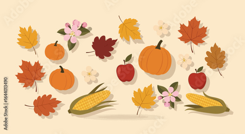 Autumn Harvest Still Life with Pumpkins Apples Corn and Maple Leaves in Pastel Tones