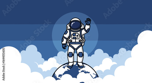 Cartoon astronaut waving from the top of the earth surrounded by clouds and blue sky