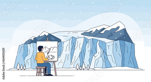 Cartoon artist painting a winter landscape, capturing the snowy mountains and icebergs in a serene and creative scene