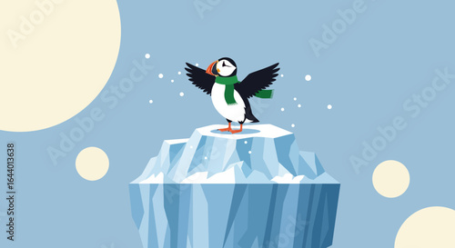 Cartoon atlantic puffin with green scarf on ice illustration perfect for childrens content illustration
