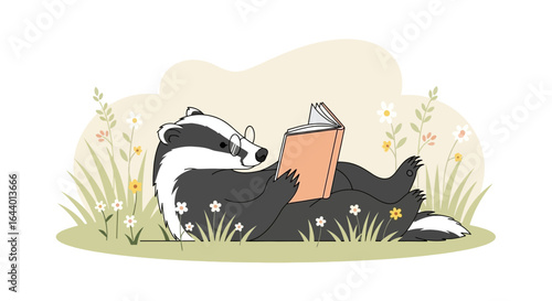 Cartoon badger reading book in garden illustration featuring cute animal character in nature with flowers and soft background
