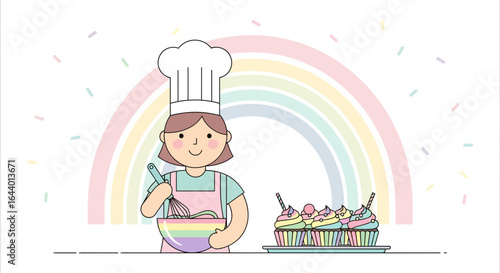 Cartoon baker girl cooking cupcakes with rainbow background cute illustration