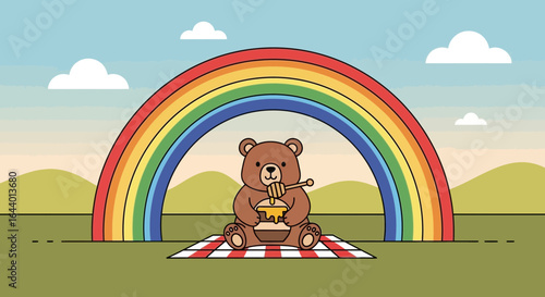 Cartoon bear enjoying honey under a vibrant rainbow in a peaceful nature scene