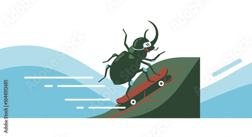 Cartoon illustration of a beetle skateboarding down a hill with speed lines element