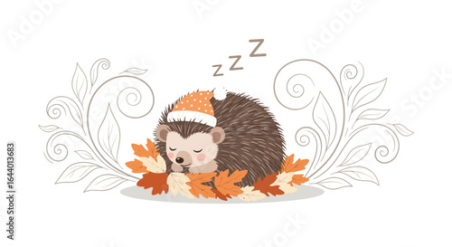 Autumn slumber: A charming illustration of a hedgehog sleeping amongst fall leaves