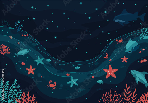 Enchanting nocturnal ocean currents A vibrant illustrated journey into the mysterious depths of the deep blue sea, teeming with diverse marine life and shimmering coral reefs.