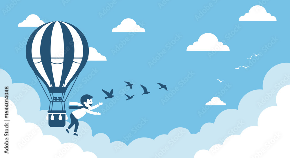 Fototapeta premium Cartoon illustration of a boy in a hot air balloon with birds in a blue sky expressing freedom and adventure