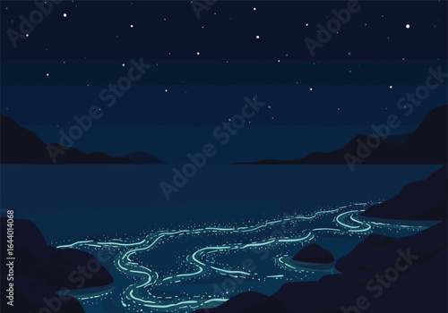 Magical night scene with glowing bioluminescent plankton swirling in the dark ocean water under a starry sky. Serene coastal landscape illustration.