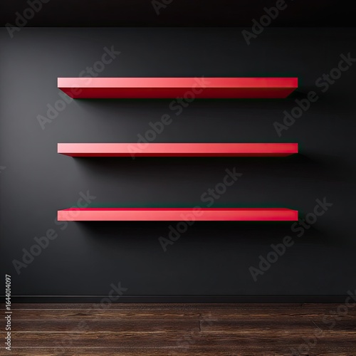 Three horizontally-aligned, vibrant coral-red floating shelves mounted on a dark gray wall above a dark brown wood floor, creating a minimalist display