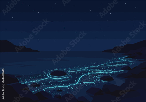 Glowing Waves Washing Ashore on a Rocky Coastline Under a Starry Night Sky with Distant Hills