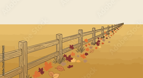 Autumnal fence line with fallen leaves creating a serene outdoor scene illustration