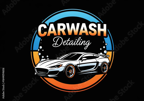 An illustration of a shiny car with soap bubbles for a professional car wash and auto detailing service logo design.
