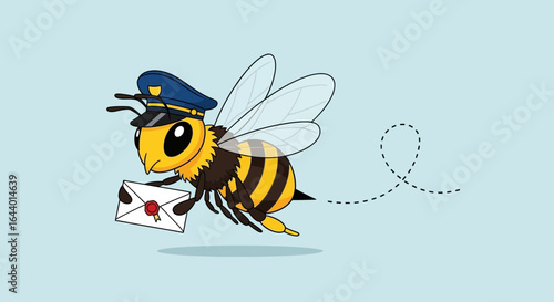 Cartoon Bee Postman Delivering Letter Illustration on a Light Blue Background
