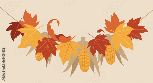 Autumnal Garland With Vibrant Leaves And Corncobs For Harvest Season