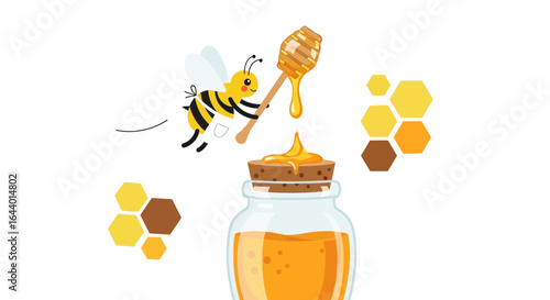Cartoon Bee with Honey Dipper and Jar of Honey, A Sweet and Whimsical Illustration