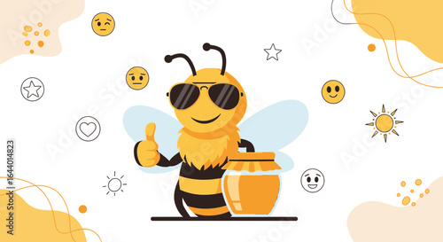 Cartoon bee with sunglasses holding honey jar, suitable for beekeeping or honey product promotion illustration