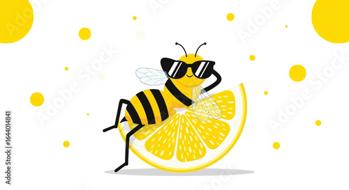 Cartoon bee with sunglasses sitting on lemon slice enjoying summer vibes illustration