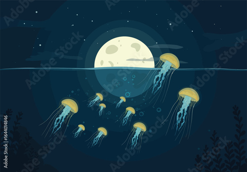 Luminous Jellyfish Ballet A Tranquil Dance Under the Moonlight in the Aquatic Night Sky, Ethereal Glow & Mysterious Underwater 
