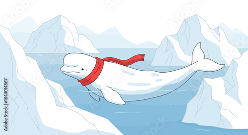 Cartoon beluga whale wearing a red scarf swimming in arctic waters illustration landscape with iceberg background is perfect for children's books