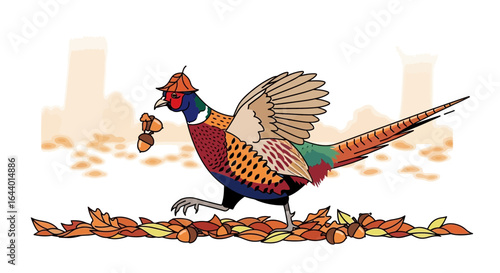 Autumnal pheasant character wearing a leaf hat collecting acorns in a whimsical illustration