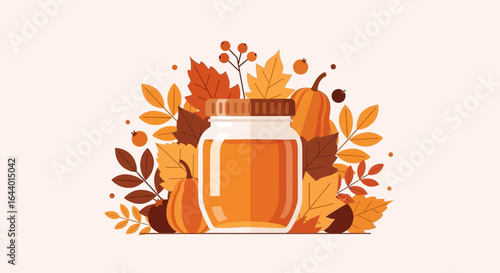 Autumnal Still Life Illustration With Honey Jar And Pumpkins For Harvest Season
