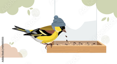 Cartoon bird wearing a hat eating seeds in winter at the feeder illustration