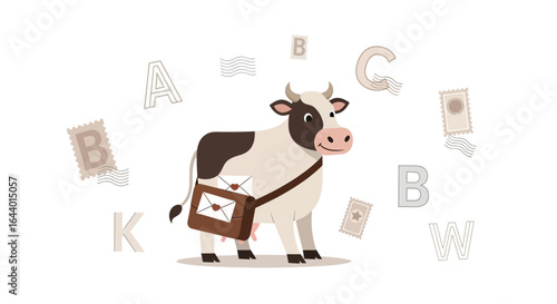 Cartoon illustration of a cheerful cow postman delivering letters amidst alphabet letters