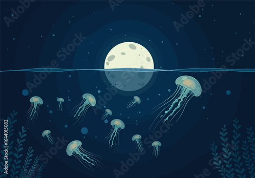 Enchanting Night Ocean Scene Graceful Jellyfish Illuminated by a Radiant Full Moon, Drifting Serenity Beneath the Water's Surface.