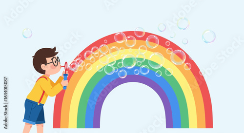 Cartoon Boy Blowing Bubbles in Front of Rainbow for Children Illustration