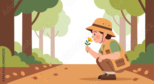 Cartoon illustration of a child exploring nature smelling a flower in a forest scene