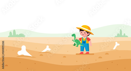 Cartoon illustration of a child playing with a dinosaur toy in a desert excavation site with bones scattered around, vector