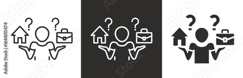 flat and linear set icons, career or family question, choice home or work icon, doubt person, simple symbols on white and black background - editable stroke vector illustration