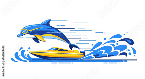 Cartoon illustration of a dolphin jumping over a speed boat on the water with goggles and motion lines conveying speed and exhilaration