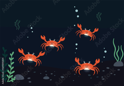 Magical underwater scene with a group of glowing red crabs on the mysterious deep ocean floor. Vector art of marine wildlife.