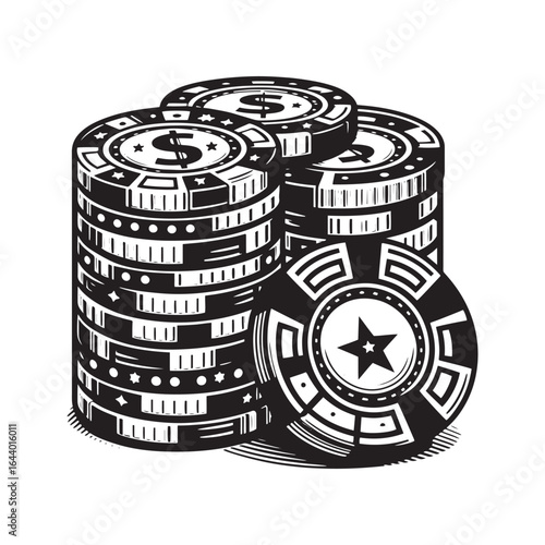 Stack of Western Poker Chips – Black and White Vector Illustration