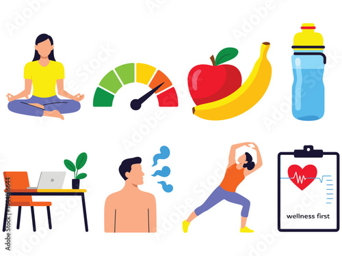 A Flat Design Illustration Set Depicting Healthy Lifestyle Choices and Wellness Activities