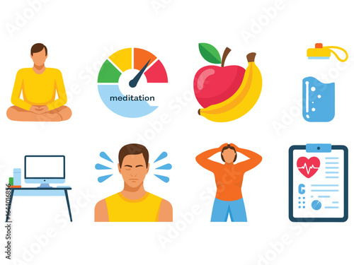 Flat Health and Wellness Illustration Set – Meditation, Nutrition, Exercise, and Stress Management Vector for Lifestyle, Fitness, and Self-Care Concepts