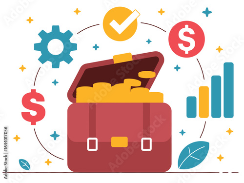 Flat design illustration of a treasure chest overflowing with coins and financial growth symbols