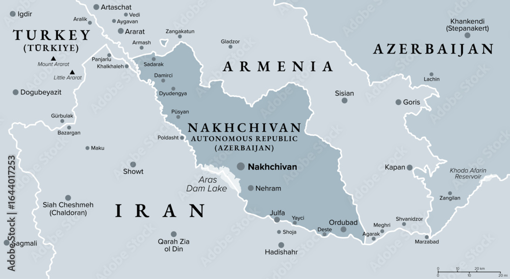 Fototapeta premium Nakhchivan Autonomous Republic, an exclave of Azerbaijan, gray political map. With Nakhchivan, the capital of the same name. The landlocked exclave is bordering Armenia, Turkey, and Iran. Vector