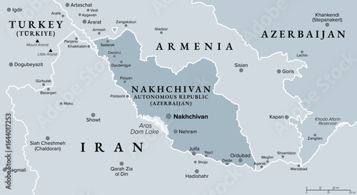 Nakhchivan Autonomous Republic, an exclave of Azerbaijan, gray political map. With Nakhchivan, the capital of the same name. The landlocked exclave is bordering Armenia, Turkey, and Iran. Vector