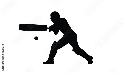 Minimalist vector silhouette of a cricket batsman playing a shot, black design, white background