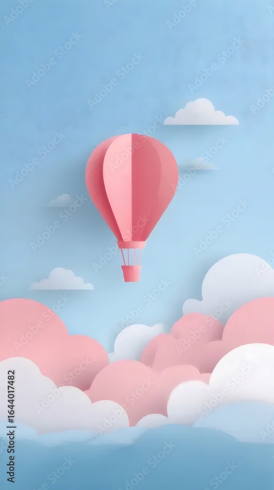 Fototapeta premium ピンクと白の熱気球と雲のミニマルなペーパークラフトアートワーク空の背景