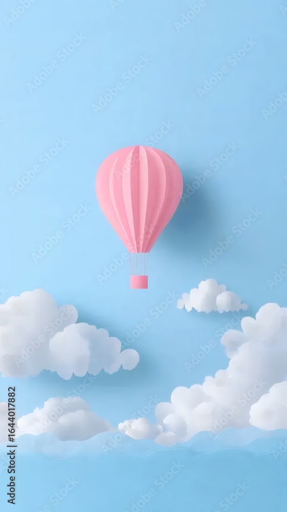 Fototapeta premium ピンクの熱気球と白い雲が浮かぶ薄い青色の空の背景のイラスト