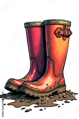 Dirty rubber boots in mud, showcasing an adventurous spirit