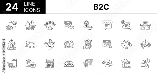 Collection of 24 B2C, line icons featuring editable strokes. These outline icons depict various modes of B2C, e-business, customer service, retail, set, collection, 