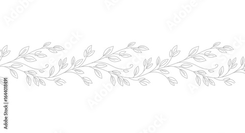 Seamless horizontal border with elegant hand-drawn leaves. Vector botanical line art of a delicate vine pattern for decoration.